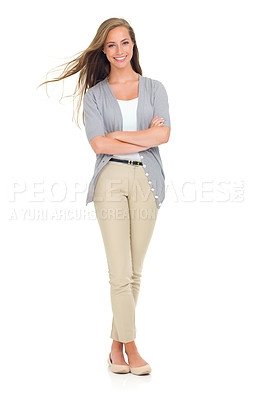 Buy stock photo Portrait, fashion or happy woman in studio with style, confidence or positive attitude on white background. Smile, clothes or cheerful female model proud in cool, trendy or comfortable outfit choice