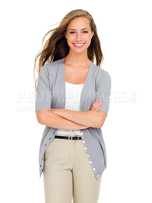 Buy stock photo Fashion, smile or woman portrait with arms crossed in studio for style, confidence or positive attitude on white background. Face, clothes or lady model with cool, trendy or comfortable outfit choice