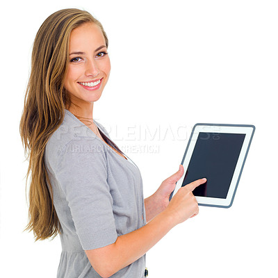 Buy stock photo Tablet, screen, and woman face with hand pointing to mockup in studio for promo info on white background. Digital, space and portrait of female model show how to google it, offer or Netflix sign up