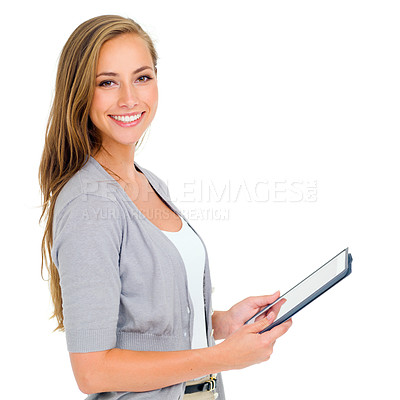 Buy stock photo Business, tablet and portrait of happy woman in studio with online, chat or web communication on white background. Digital, search and female entrepreneur with client feedback, review or checking faq
