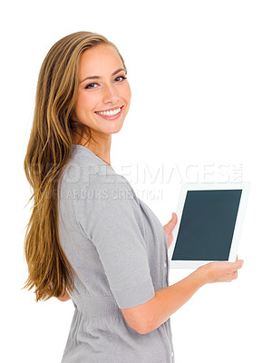 Buy stock photo Woman, smile and portrait for tablet, mockup and studio for marketing and placement for brand. Female person, white background and happy for advertising, technology and screen space for logo