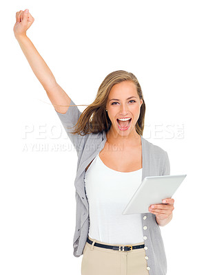 Buy stock photo Woman, winning and portrait for tablet, mockup and studio for digital connection and social media for internet. Female person, white background and happy for celebrate, technology and success 