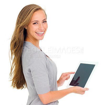 Buy stock photo Female person, smile and portrait for tablet, mockup and studio for marketing and screen placement for brand. Woman, white background and happy for advertising, technology and social space for scroll