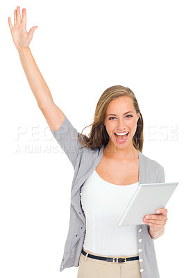 Buy stock photo Wow, tablet and portrait of happy woman in studio excited for sign up, deal or offer on white background. Digital, winner or face of female model with hand up celebration for online giveaway or prize