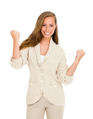 Buy stock photo Success, portrait or happy business woman with winner fist celebration in studio for good news on white background. Goals, face or entrepreneur with yes hand emoji for startup, loan or sale milestone