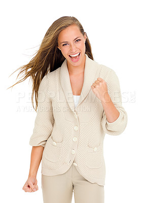 Buy stock photo Winner, fist pump and portrait of business woman on white background for success, winning and promotion. Professional worker, excited and isolated person with hand gesture for achievement in studio