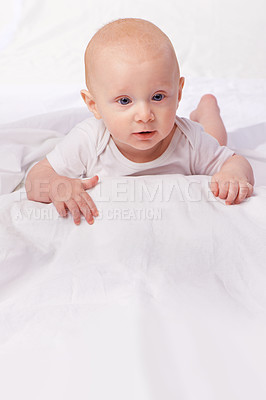 Buy stock photo Bed, blanket and face of baby in studio on a white background for child development, care and growth. Sleep, leisure and isolated newborn rest, relax and nap for childhood, wellness and comfort 