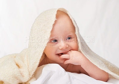 Buy stock photo Baby, suck and finger for relax, comfort or sleep in nursery in studio on white background. Happy, young child and hand on blanket for peaceful nap time for health, rest and childhood development