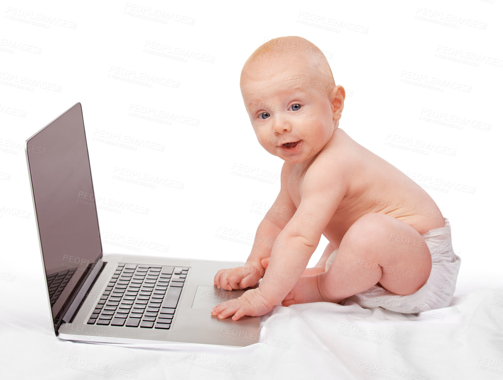 Buy stock photo Baby, laptop and studio for entertainment, fun and games in child development and progressive technology. Infant, happy and toddler for home, diaper and white background for playful and portrait