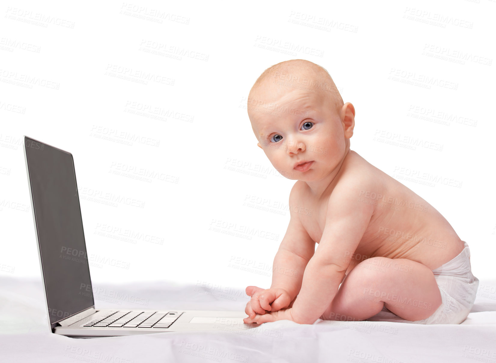 Buy stock photo Baby, laptop and studio for entertainment, portrait and games in child development and progressive technology. Infant, happy and newborn for home, diaper and white background for playful time