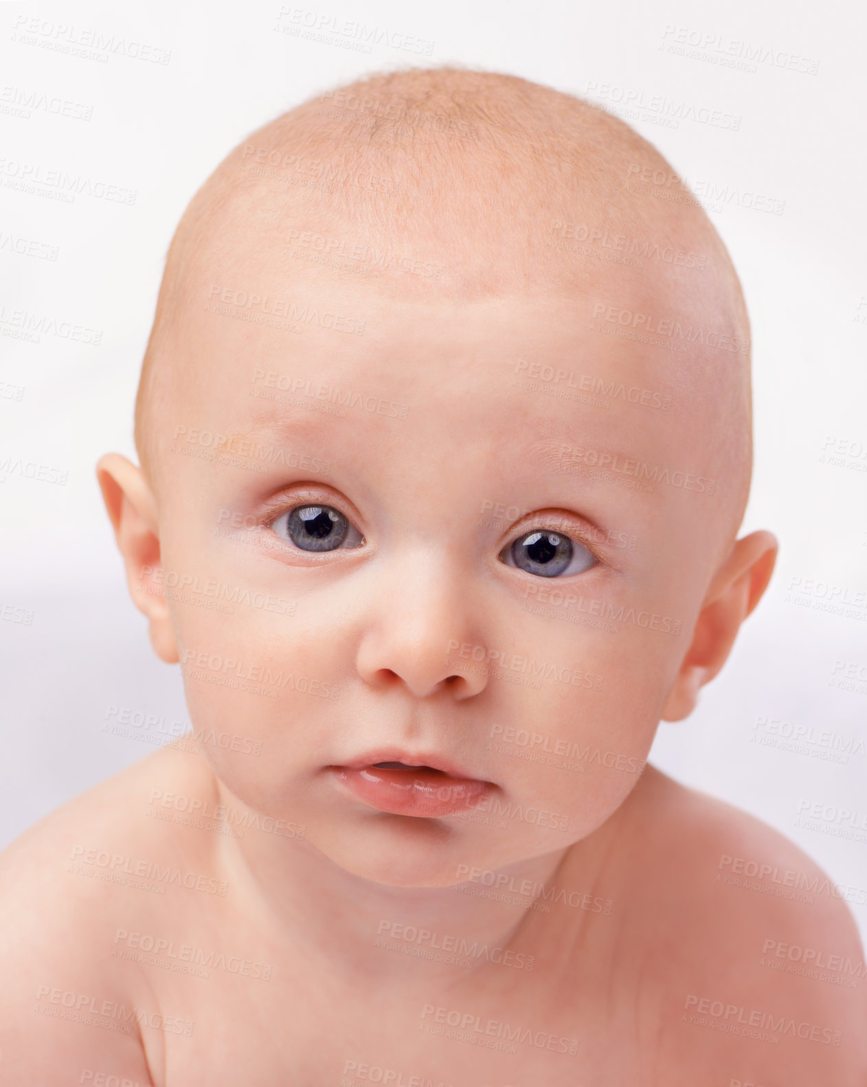 Buy stock photo Studio, newborn and baby in white background, portrait and face of innocent infant, pure and adorable. Young child, cute  and health of little kid, soft and toddler with glow, shine and closeup