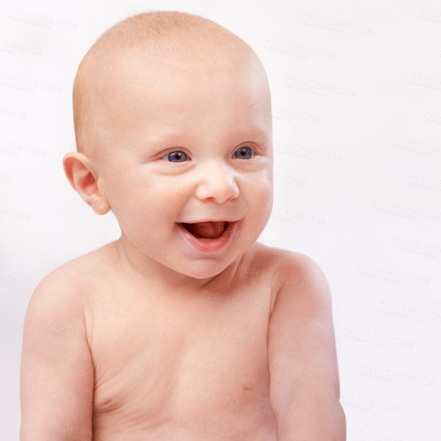 Buy stock photo Young, happy and face of baby on a white background for child development, laugh and growth. Curious, facial expression and closeup of isolated newborn for childhood, wellness and adorable in studio