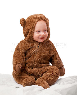 Buy stock photo Studio, baby and onesie with costume, bear and toddler with joy and fun. Child, newborn and happiness with adorable, comfort and dressed up infant for development isolated on white background