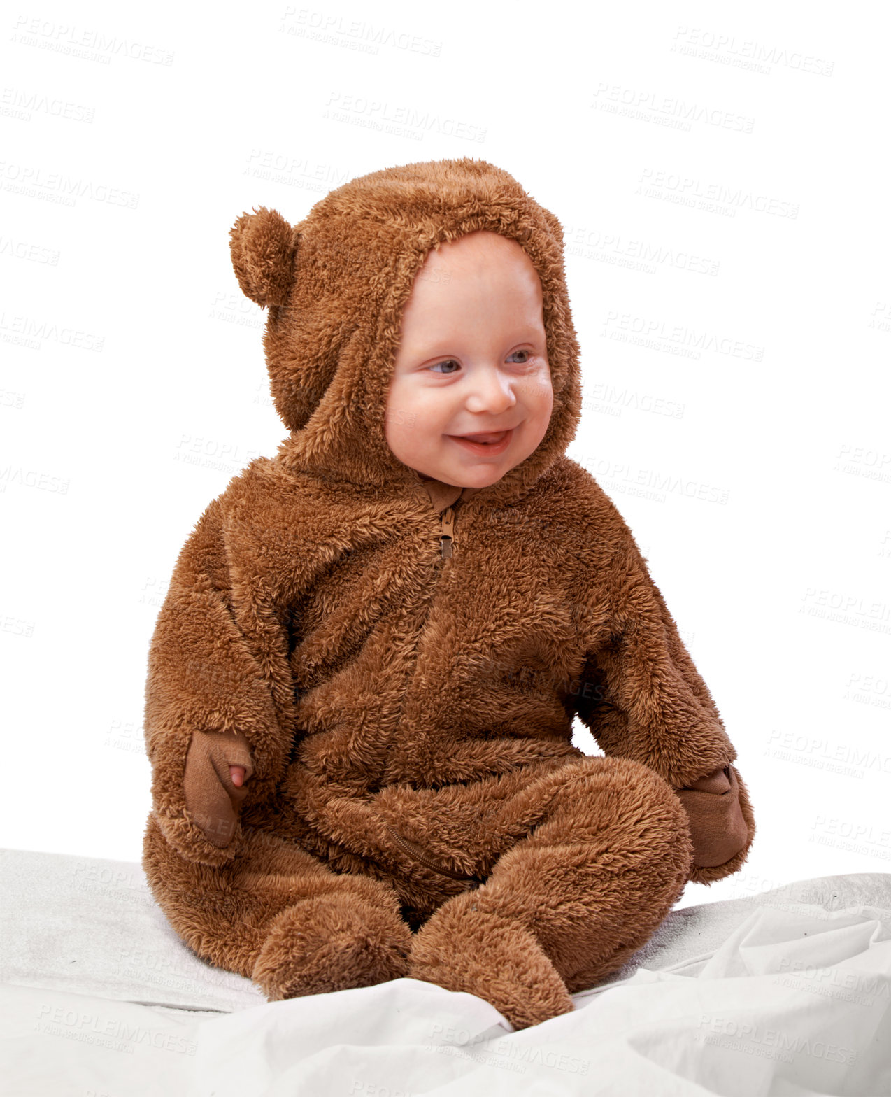 Buy stock photo Studio, baby and onesie with costume, bear and toddler with joy and fun. Child, newborn and happiness with adorable, comfort and dressed up infant for development isolated on white background