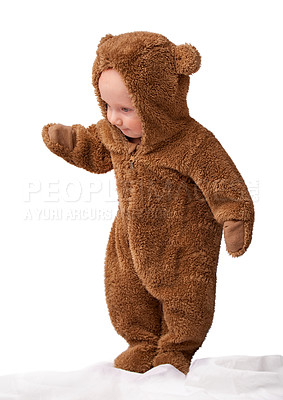 Buy stock photo Studio, baby and onesie with costume, bear and toddler with joy and fun. Child, newborn and happiness with adorable, comfort and dressed up infant for development isolated on white background