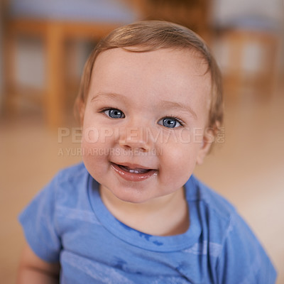 Buy stock photo Toddler, smile and portrait of baby in home for fun playing, happiness or learning in living room. Relax, healthy boy or face of a male kid on floor for child development or growth in a house alone