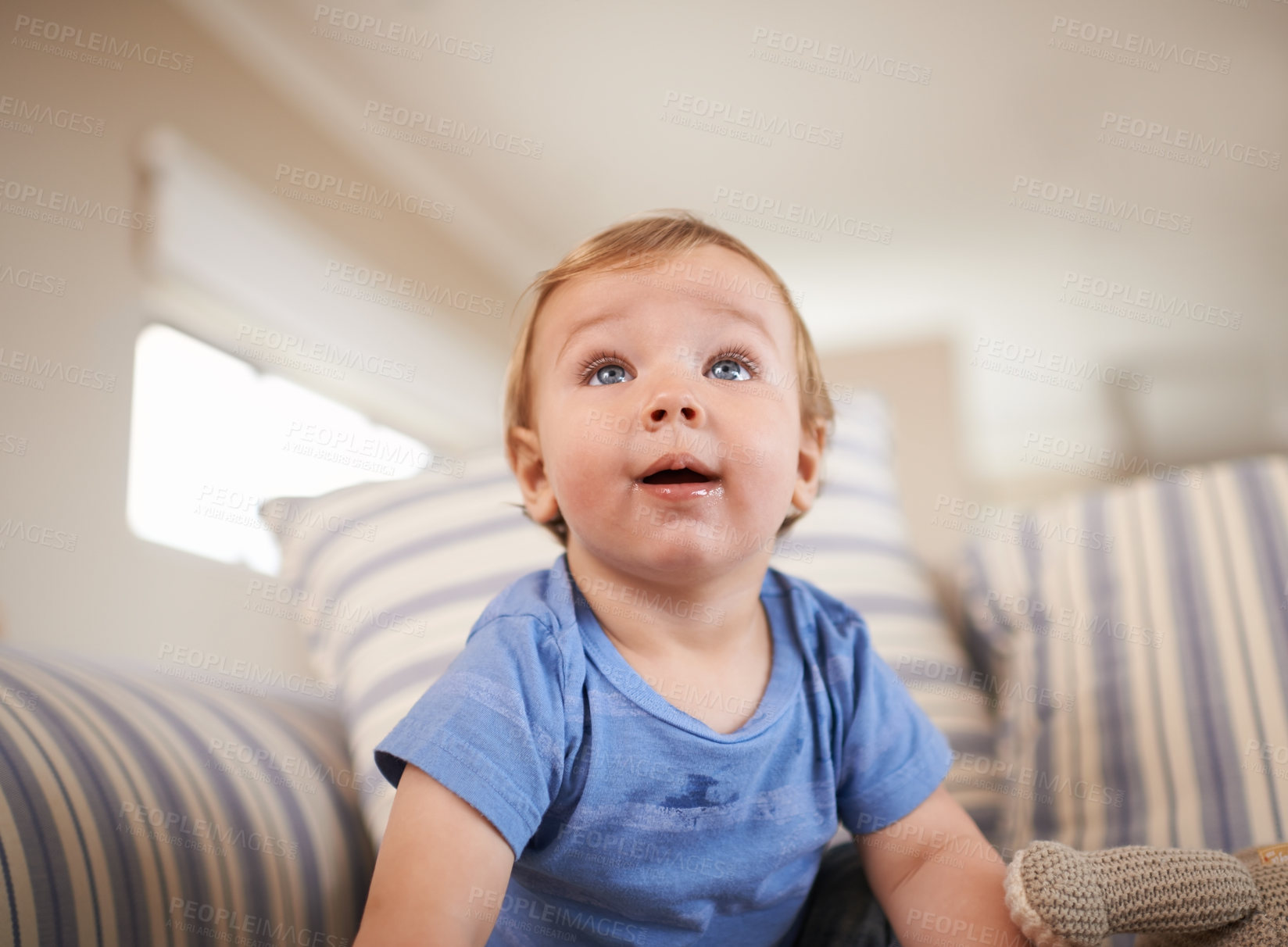 Buy stock photo Toddler, curious or baby on sofa in home for fun playing, happiness or learning in living room. Relax, boy or face of a male kid on couch in lounge for child development or growth in a house alone