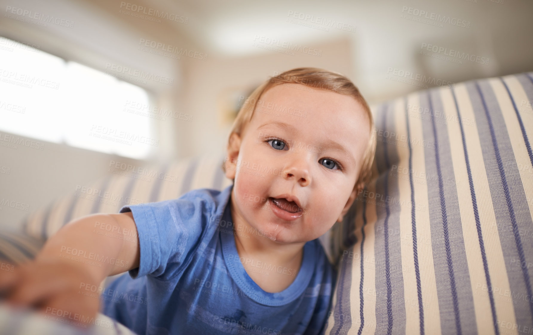 Buy stock photo Portrait, baby boy and smile in sofa relaxing, resting and playing in living room. Newborn, growth and development at home child or infant, happiness and casual or clothes in house or indoor