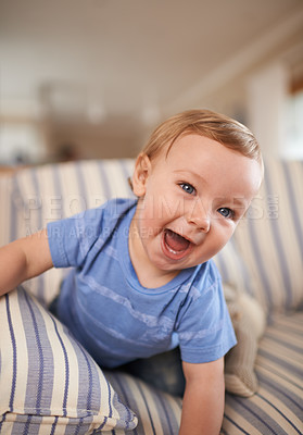 Buy stock photo Playing, laughing or portrait of baby in sofa or home for fun, growth or learning alone in living room. Happy, boy or face of a playful male kid on couch for child development or crawling in a house