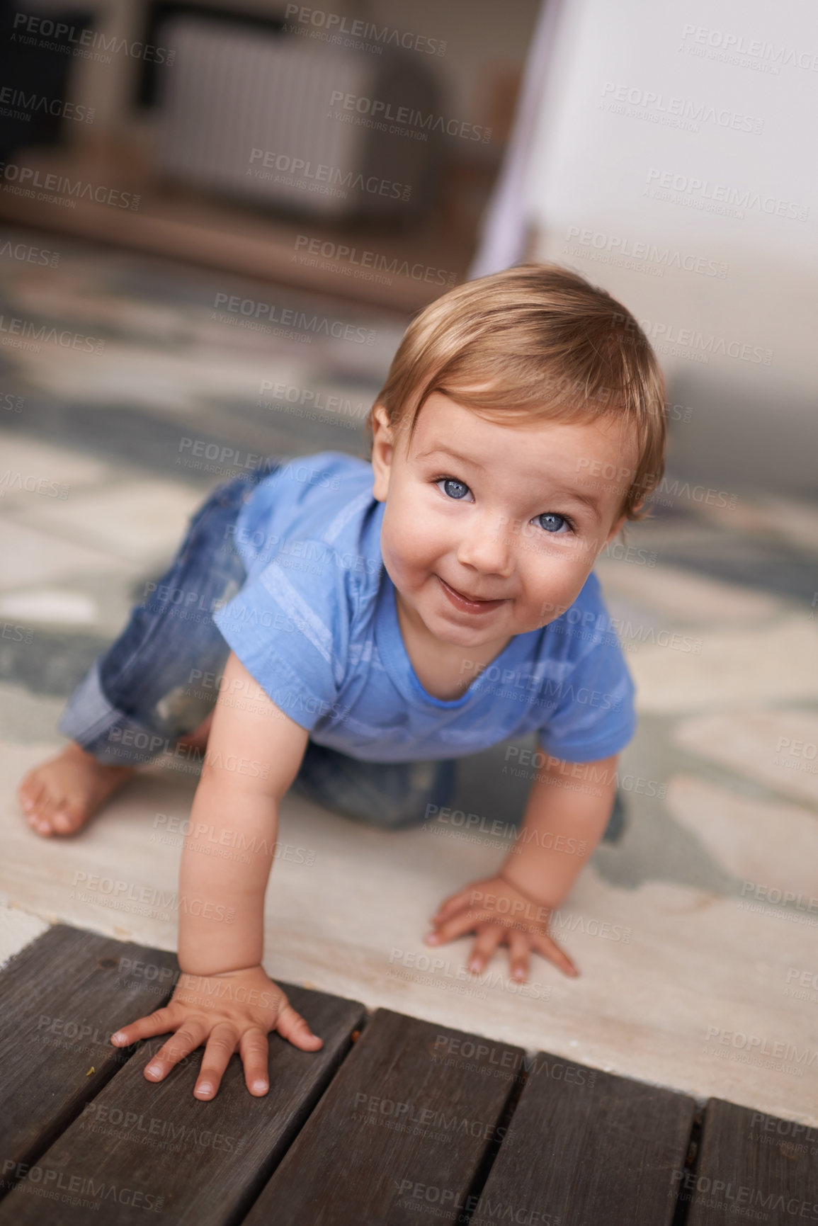 Buy stock photo Floor, crawl and portrait of baby in home for fun playing, happiness and learning alone on ground. Relax, boy and face of a toddler with smile for child development, wellness or growth in a house