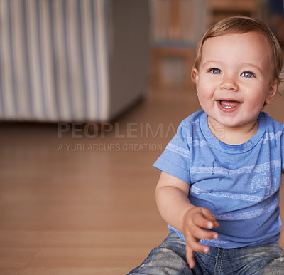 Buy stock photo Boy, baby and smile for curiosity in home, joy and kid to relax in living room on floor. Child development, happy toddler and calm or comfortable, wellness and weekend for health and positive growth