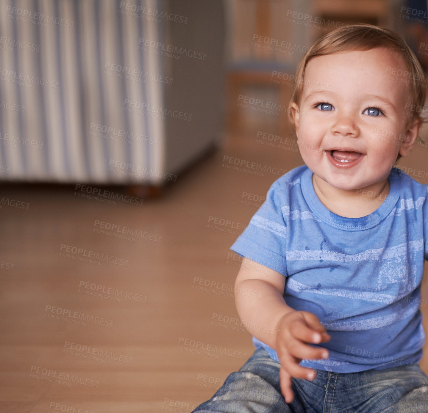 Buy stock photo Boy, baby and smile for curiosity in home, joy and kid to relax in living room on floor. Child development, happy toddler and calm or comfortable, wellness and weekend for health and positive growth