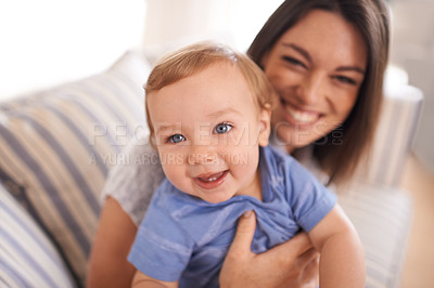 Buy stock photo Mother, portrait or baby in home for playing, happiness and bonding in a family house in living room. Relax, boy or face of a toddler with mom, love or smile for child development, wellness or growth