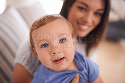 Buy stock photo Mother, portrait or baby in home for hug, happiness and bonding in a family house in living room. Relax, boy and face of a toddler with mom, love or care for child development, wellness or growth