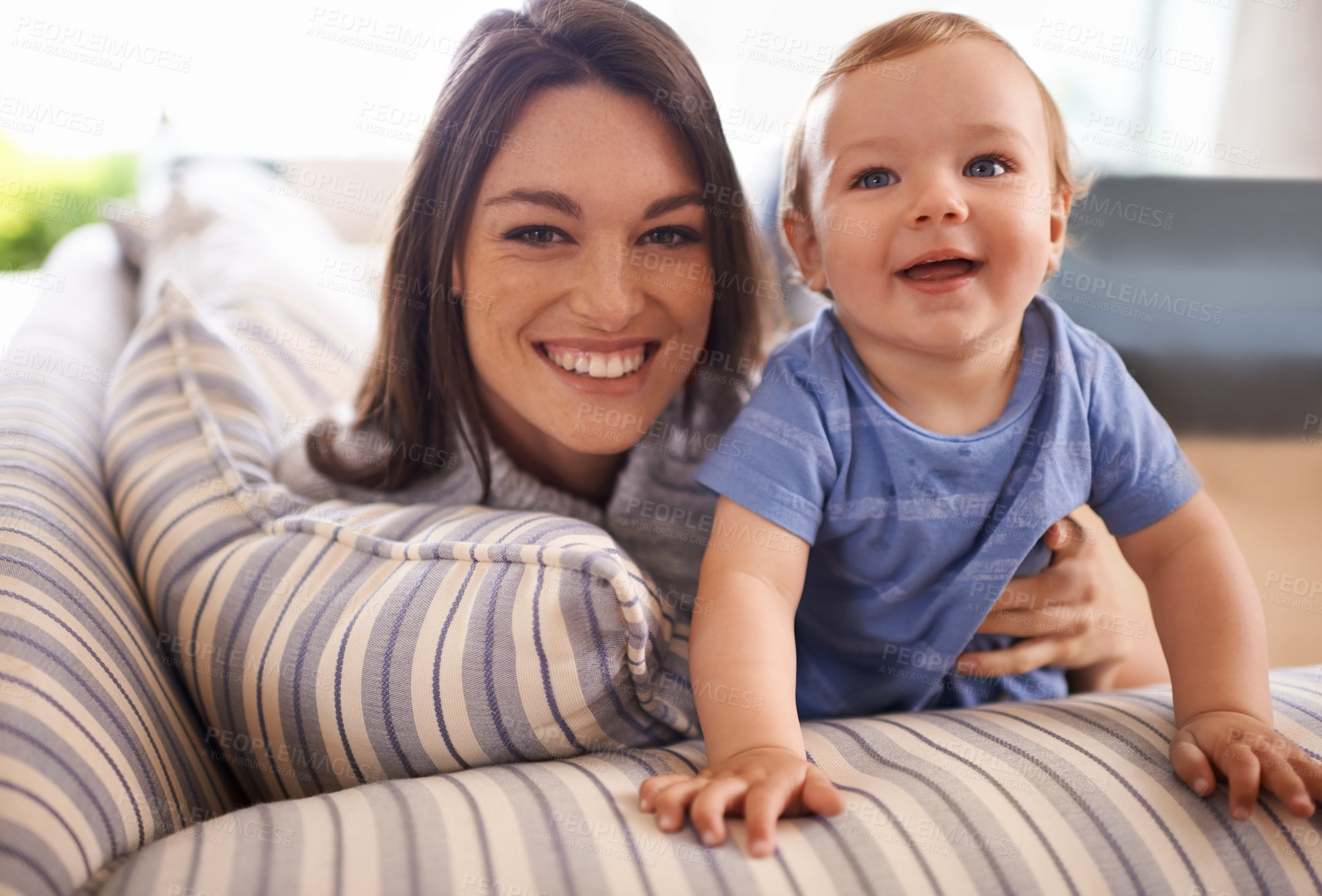 Buy stock photo Mother, baby and portrait for care in hug, couch and support or relax in living room and comfortable. Mommy, son and affection for bonding in childhood, security and happiness in embrace or smile