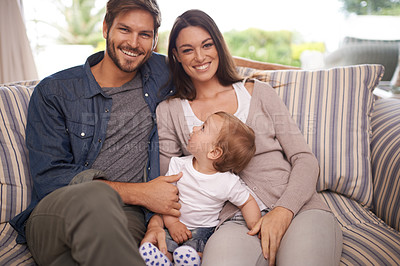 Buy stock photo Parents, happy family or portrait of baby in home for support, security or bonding in living room. Relax, boy and toddler with mom or father for love or care for child development, wellness or growth