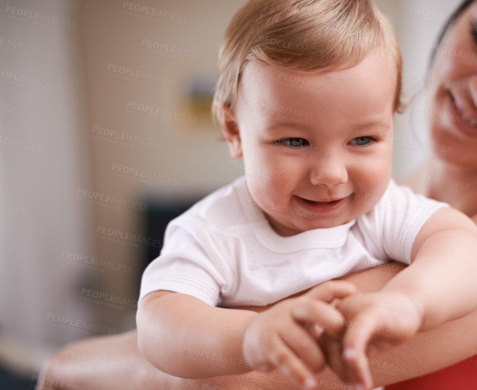 Buy stock photo Parent, smile or baby in a house for playing, happiness and bonding in a family home in living room. Face, mother and happy toddler with mom, love or care for child development, wellness or growth