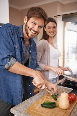 Buy stock photo Happy couple, portrait or cooking with vegetables in kitchen, love or bonding together for lunch on weekend. Man, woman or help with healthy food for salad for romantic dinner on cutting board