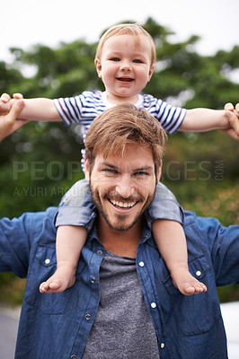 Buy stock photo Portrait, smile or father with baby boy in outdoor, love or bonding together for child growth or development. Happy family, dad or kid on shoulders to play, face or responsibility for son on weekend
