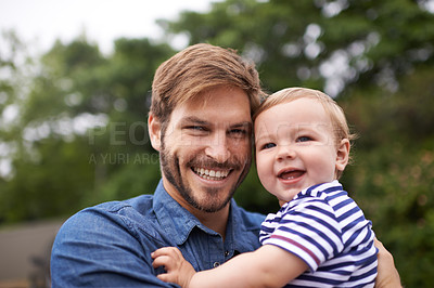 Buy stock photo Portrait, smile or father with toddler in outdoor, love or  together in nature for child growth or development. Happy family, dad or holding kid for bonding, face or responsibility for son on weekend