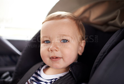 Buy stock photo Portrait, toddler boy and car seat in transport, safety and happy kid on road trip. Childhood development, chair and secure baby in motor vehicle, travel and smile on face of son excited for ride