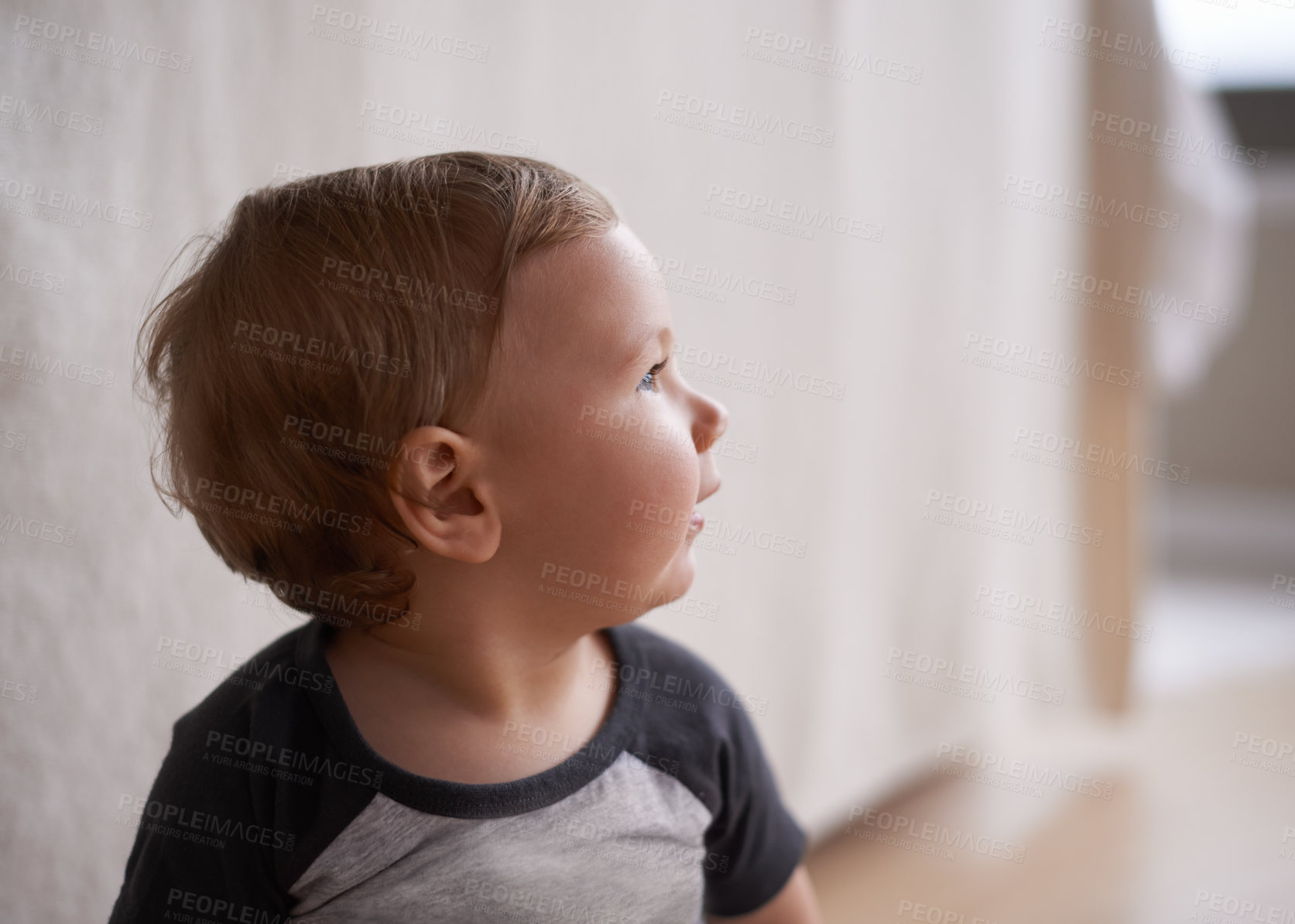 Buy stock photo Cute, innocent and happy baby on floor in home with curiosity, wonder and playing in living room. Toddler, crawling and learning for growth and development and healthy child for sensory fun in house