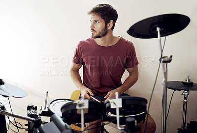 Buy stock photo Drummer, man and music with percussion drums on stage, rhythm and talent with band. Creative person, practice and performing as artist or professional musician and audio entertainment on instrument