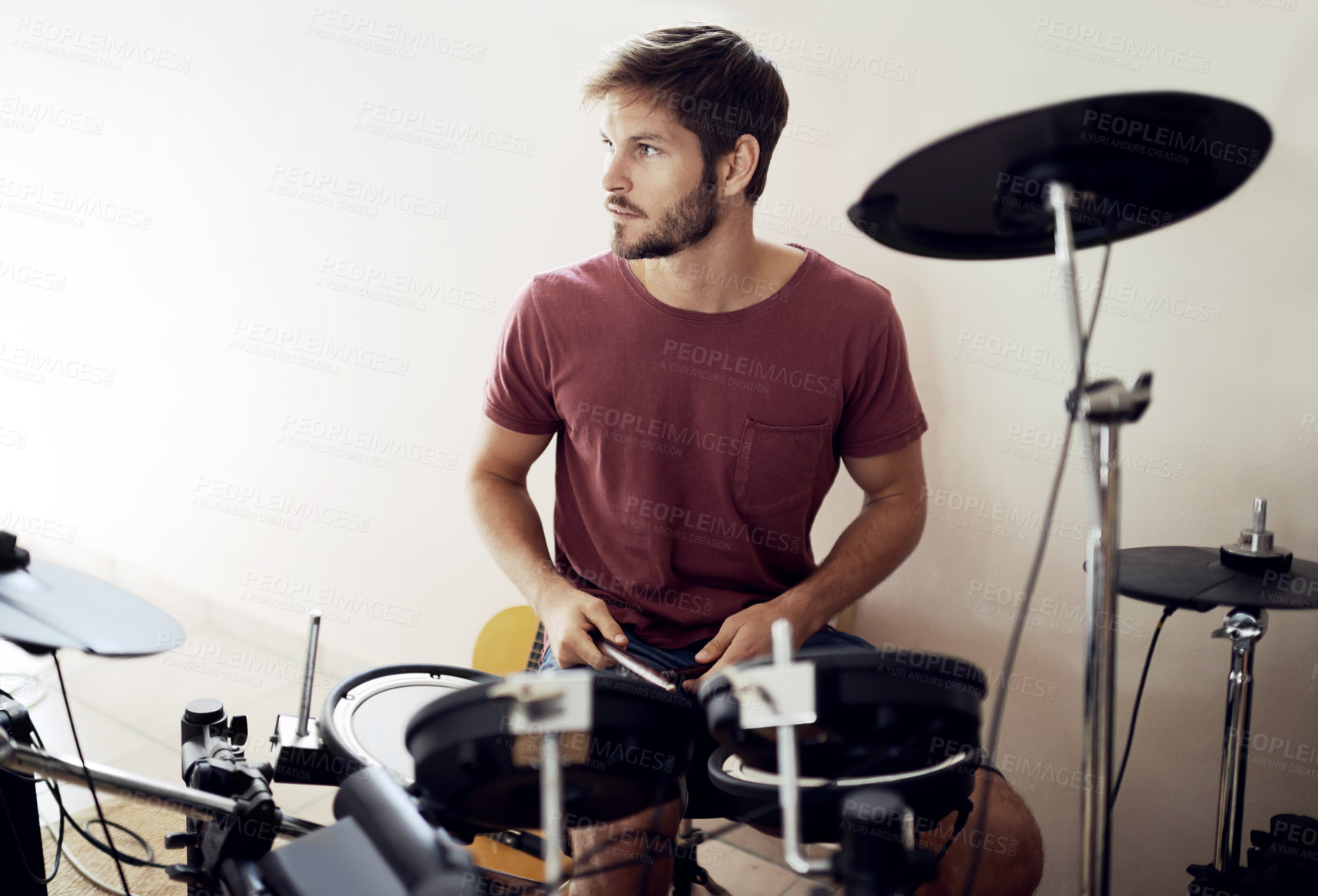 Buy stock photo Drummer, man and music with percussion drums on stage, rhythm and talent with band. Creative person, practice and performing as artist or professional musician and audio entertainment on instrument