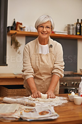 Buy stock photo Senior woman, portrait and dough at home in kitchen for food, nutrition or dessert. Female person, elderly lady and retired cooking pastry dish on table, flour or recipe for eating, dining or dinner
