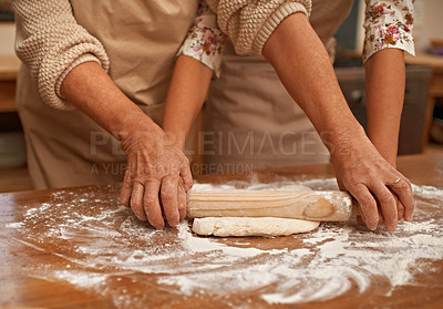 Buy stock photo Hands, help and flour for kneading dough made with love for baking, homemade pie and bonding while learning. Teaching, skills and support for rolling pastry for tart or dessert and handmade closeup.