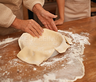 Buy stock photo Hands, flour and people baking in kitchen of home together closeup with ingredients for recipe. Cooking, food or dough with chef and baker in apartment for fresh pastry preparation from above