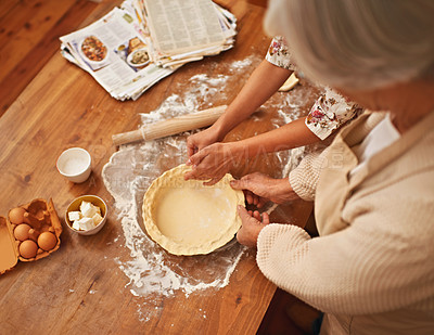 Buy stock photo Hands, baking and senior with recipes in kitchen for dessert and cookies with flour for cake. Grandma, retirement and eggs with butter for startup business as entrepreneur in house for food 