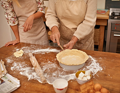 Buy stock photo Hands, senior and baking cake in kitchen for bakery with flour, eggs and dessert for Easter weekend. Chef, woman and grandma teaching girl on table with ingredients for cookies, snacks and food