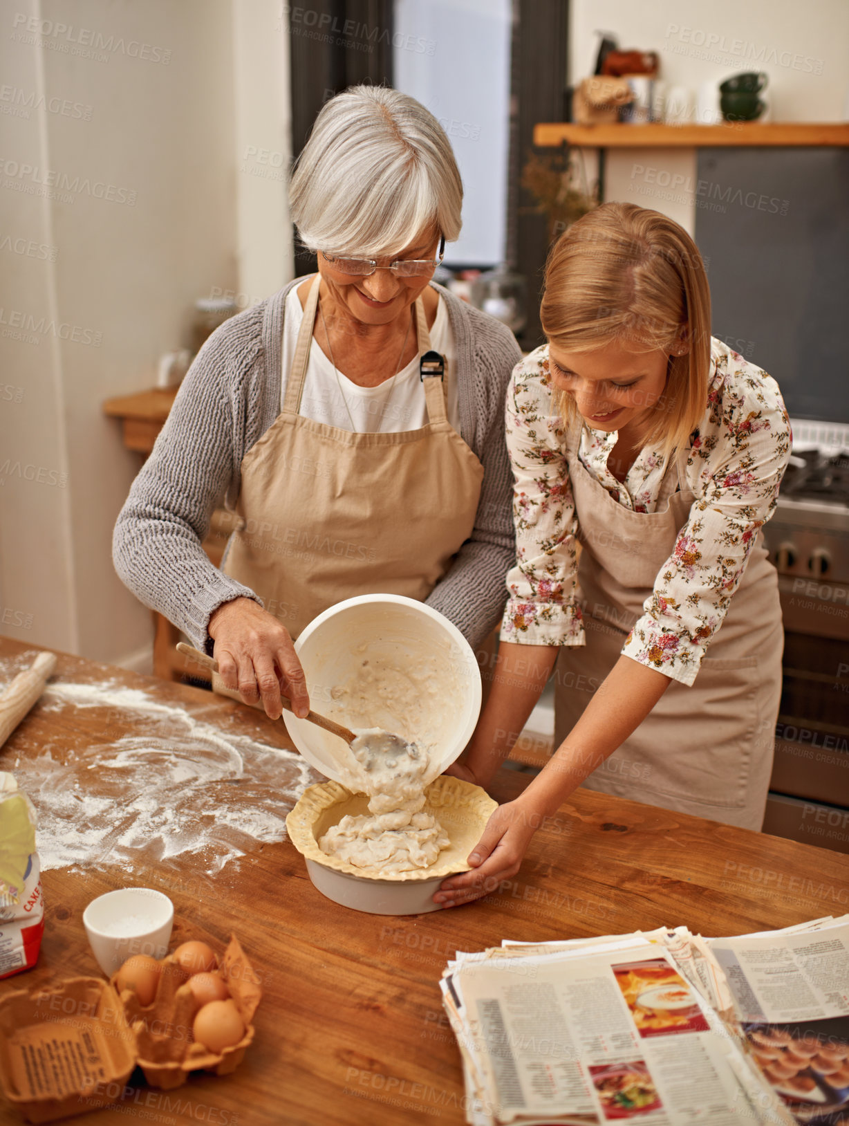 Buy stock photo Baking, food and senior mother with daughter in kitchen of home together for pastry preparation. Cake, dough or flower with parent and woman in apartment, cooking ingredients for family bonding