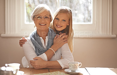 Buy stock photo Grandma, grandchild and happiness with hug in portrait at nursing home for visit and conversation with love. Mature woman, person and together for bonding or care, family and embrace with affection