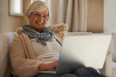 Buy stock photo Sofa, laptop and portrait of senior woman with smile for remote work, ecommerce and research in living room. Mature person, face and computer for schedule, planning and typing email to client