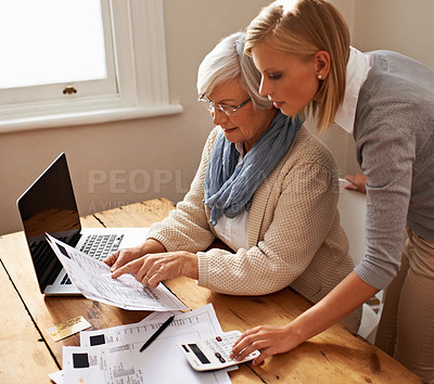 Buy stock photo Mother, senior woman and bills or laptop or calculator on table for budget and savings at home. Retirement, finances and elderly female person or doing taxes or pension in the house with pc or tech 