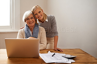 Buy stock photo Grandmother, happy daughter and help with finance, budget and investment of money. Planning, tax and laptop for retirement and expenses, calculating and caring for pensioner or senior citizen 