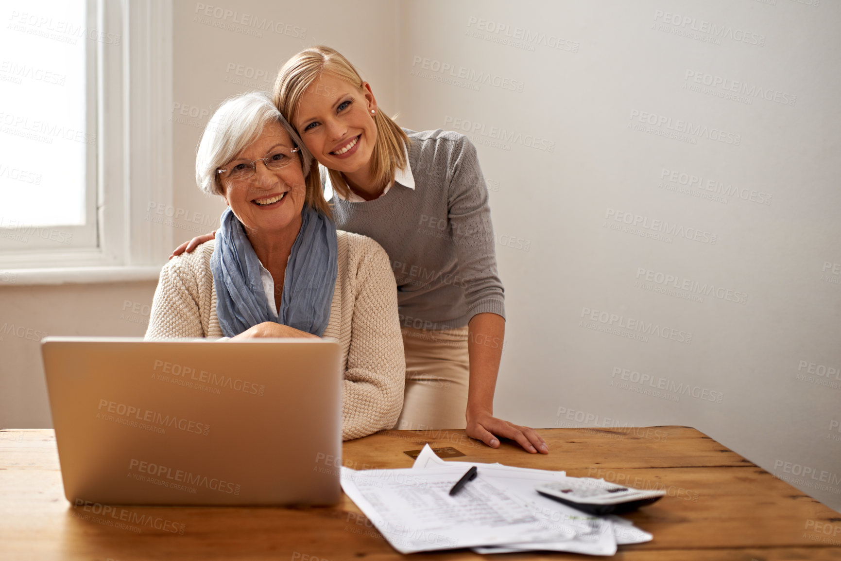 Buy stock photo Grandmother, happy daughter and help with finance, budget and investment of money. Planning, tax and laptop for retirement and expenses, calculating and caring for pensioner or senior citizen 