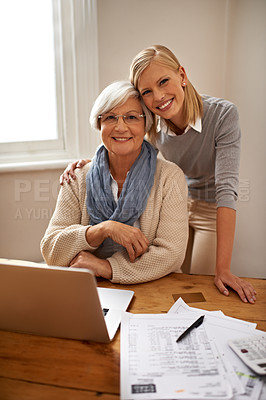 Buy stock photo Senior woman, daughter and portrait with laptop and notes for budget and bookkeeping in retirement. Elderly person, lady and smile with technology for spending and planning together with touch 